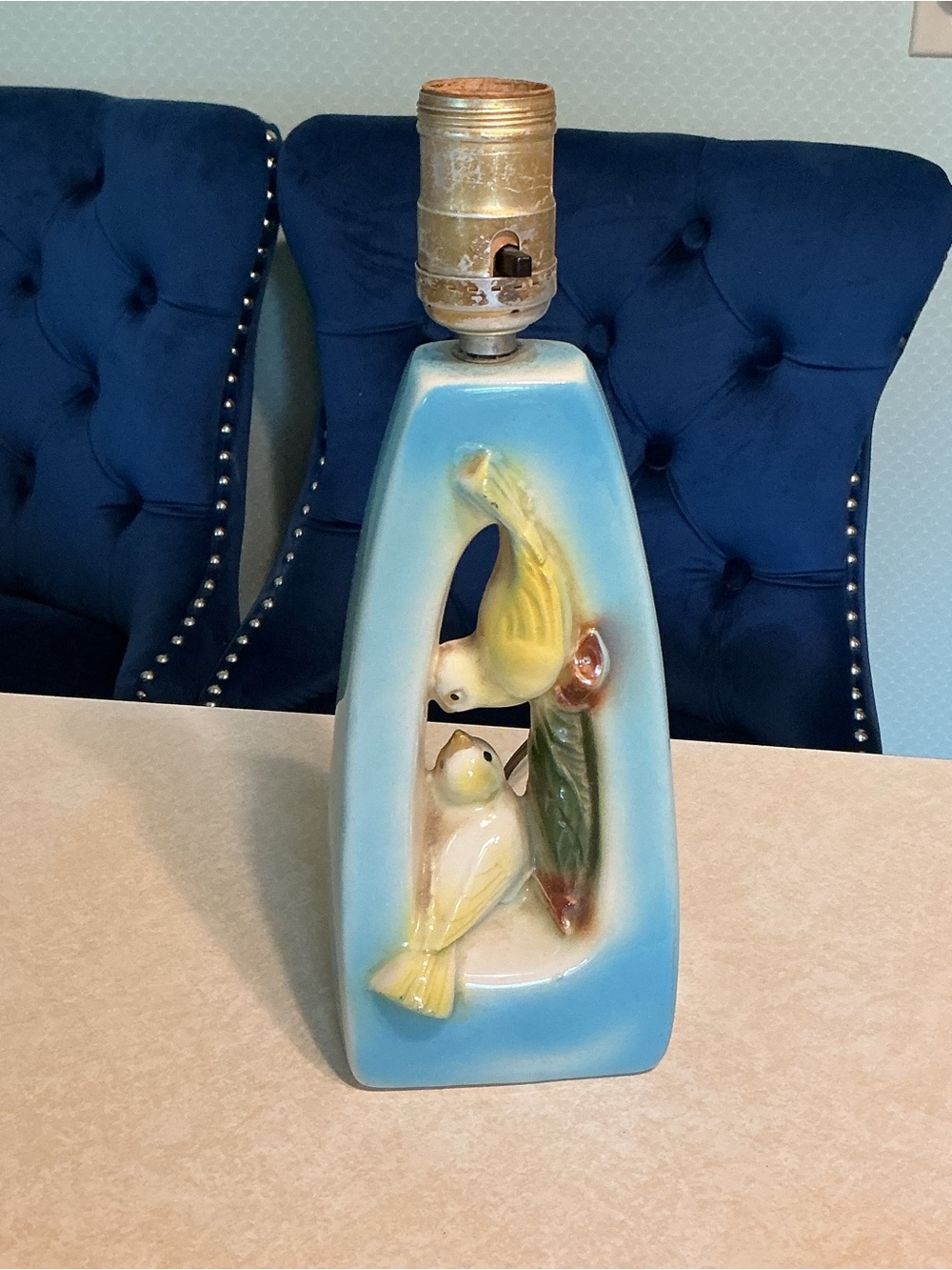 Vintage Blue Ceramic Bird Table Lamp Base